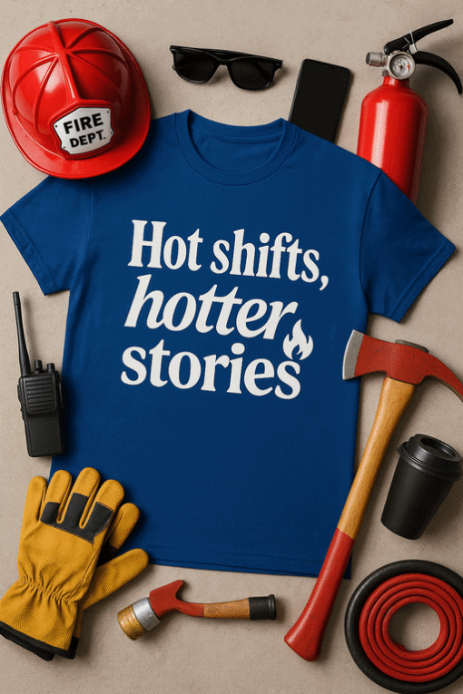 Fire Dept helmet, sunglasses, fire extinguisher, hammer, and work gloves with T-shirt that says "Hot shifts, hotter stories" for firefighter humor.