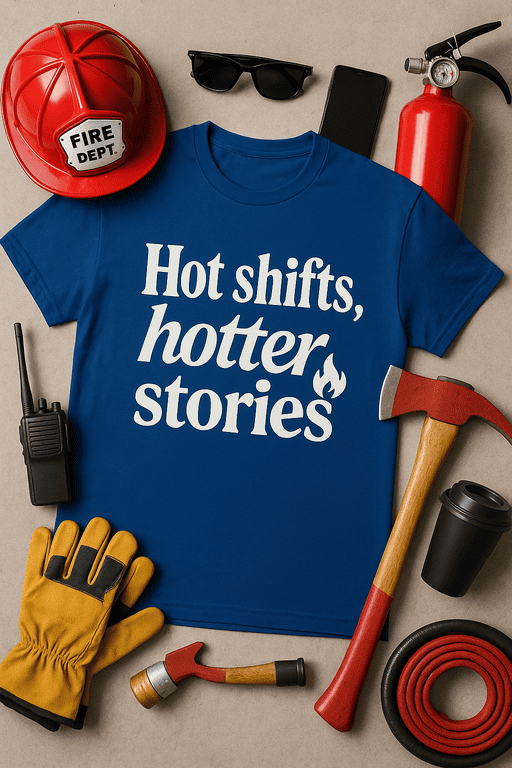Fire Dept helmet, sunglasses, fire extinguisher, hammer, and work gloves with T-shirt that says "Hot shifts, hotter stories" for firefighter humor.