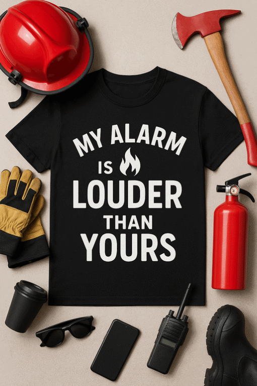 Alarm-themed graphic t-shirt with bold typography for fire and safety enthusiasts.