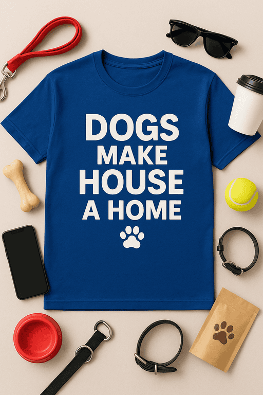 Dog lover t-shirt with humorous "Dogs Make House a Home" slogan, perfect for pet owners and dog enthusiasts.