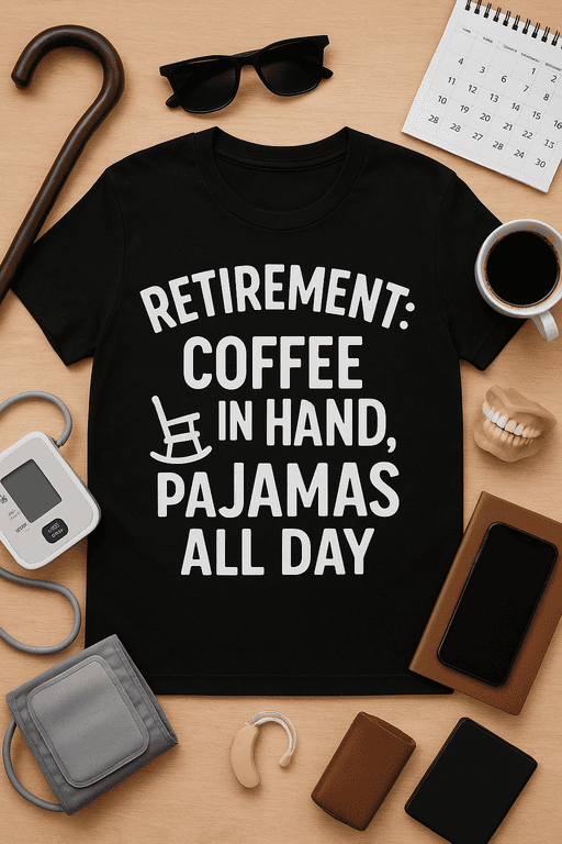 Coffee retirement pajama T-shirt, humorous retirement gift tee for coffee lovers and pajamas enthusiasts.