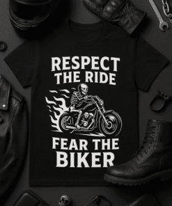 Skeleton riding a motorcycle graphic T-shirt, motorcycle gear, and biker accessories, perfect for motorcycle enthusiasts.