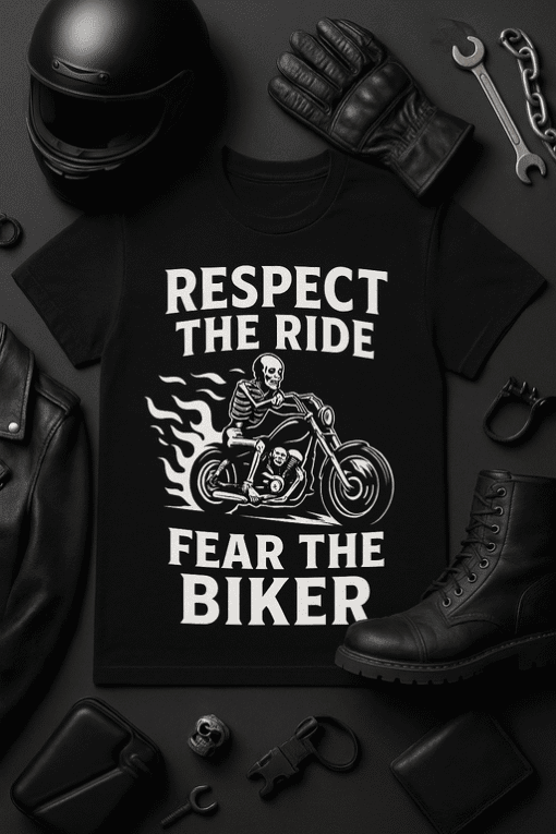 Skeleton riding a motorcycle graphic T-shirt, motorcycle gear, and biker accessories, perfect for motorcycle enthusiasts.