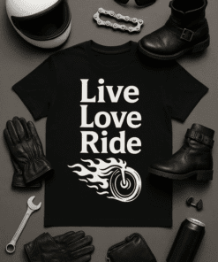 High-quality motorcycle-themed T-shirt with "Live Love Ride" graphic for riders.