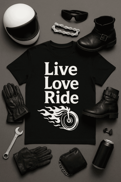 High-quality motorcycle-themed T-shirt with "Live Love Ride" graphic for riders.