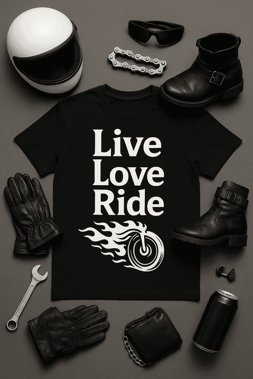 High-quality motorcycle-themed T-shirt with "Live Love Ride" graphic for riders.