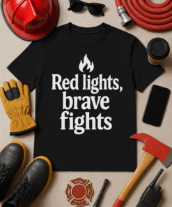 Red lights brave fights t-shirt with fire icon for firefighters and emergency workers.
