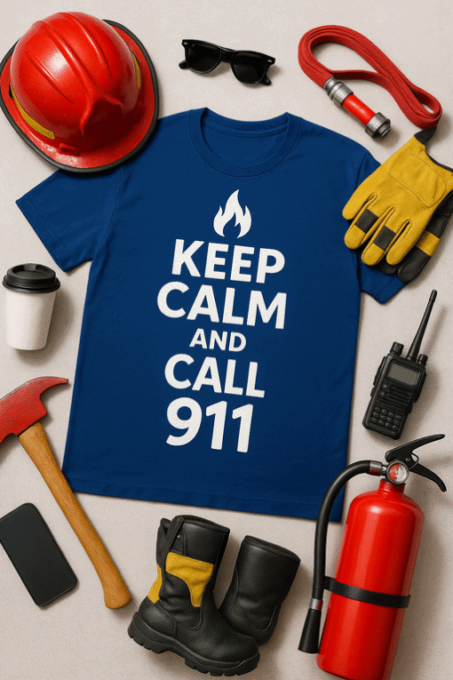 Emergency responder T-shirt with "Keep Calm and Call 911" slogan, firefighting gear, safety helmet, and tools.