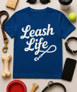 Leash Life graphic t-shirt for dog lovers, casual wear, pet accessories, and outdoor adventures.