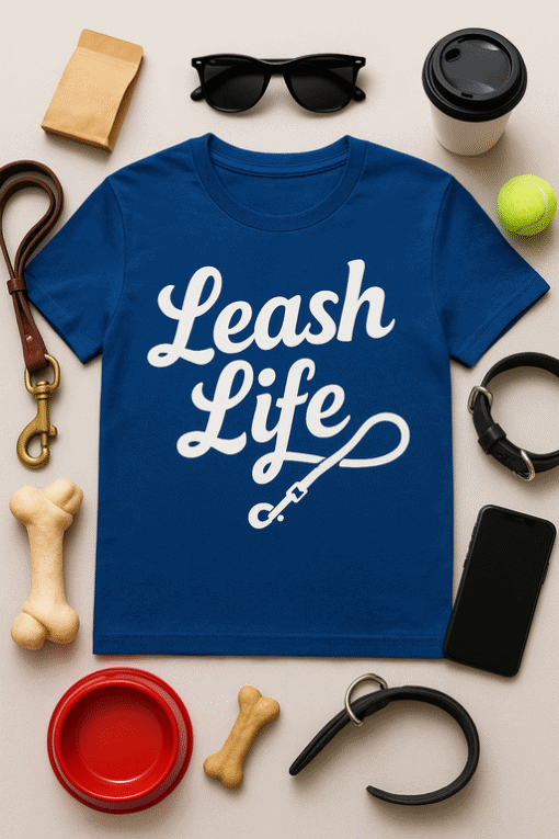 Leash Life graphic t-shirt for dog lovers, casual wear, pet accessories, and outdoor adventures.