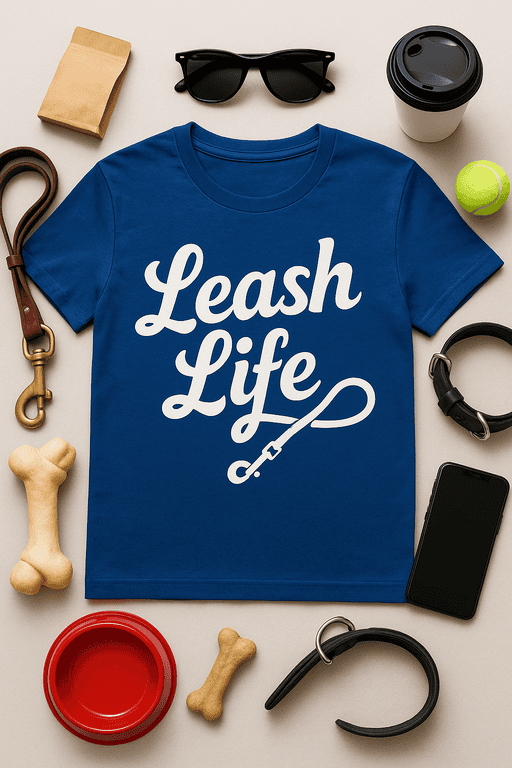 Leash Life graphic t-shirt for dog lovers, casual wear, pet accessories, and outdoor adventures.