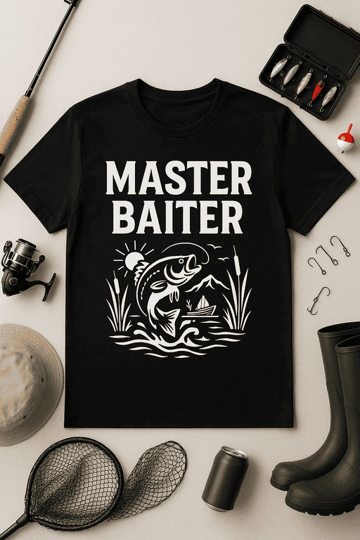 Master Baiter fishing t-shirt, humorous fishing apparel for anglers and fishing enthusiasts.