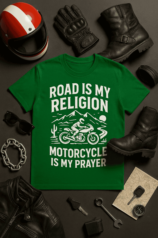 Road is my religion motorcycle T-shirt for bike enthusiasts and riders.