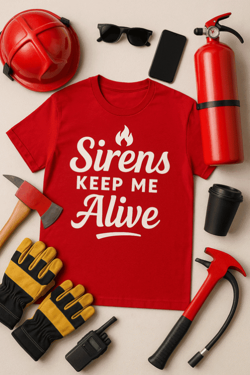 Fire safety t-shirt with sirens slogan, emergency tools and fire equipment for safety awareness.