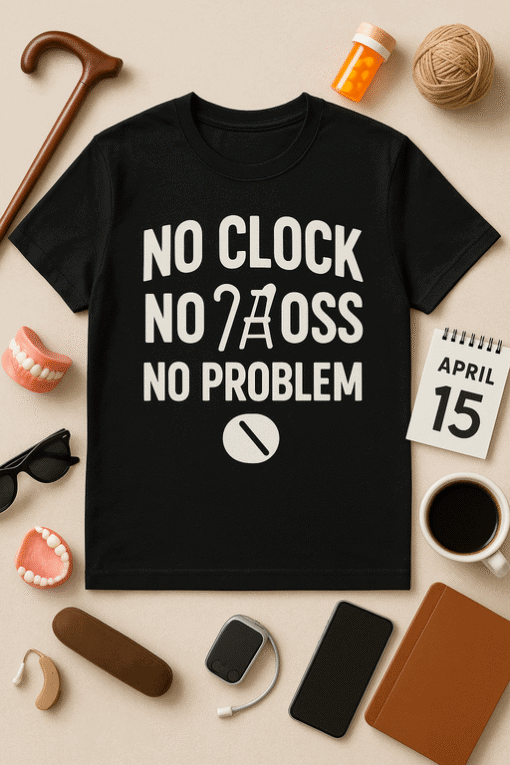 No clock no stress t-shirt, humorous casual tee for work or home, funny quote shirt with clock image.