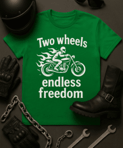 Two wheels endless freedom motorcycle t-shirt with rider graphic and fiery design.