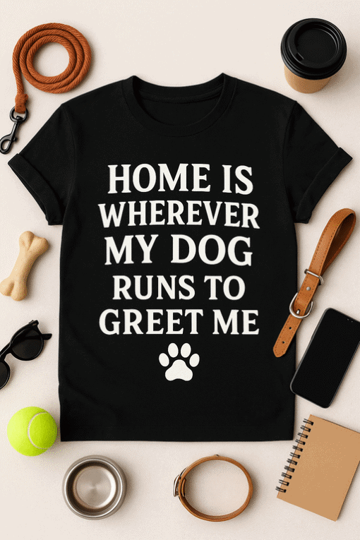 Dog lover T-shirt with funny home is where my dog runs to greet me design.