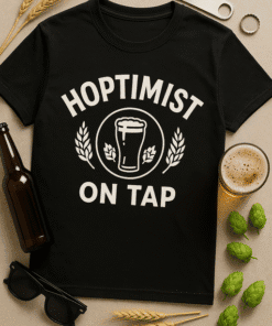 Hoptimist on tap t-shirt, beer lover graphic, fun party shirt, casual beverage humor tee.