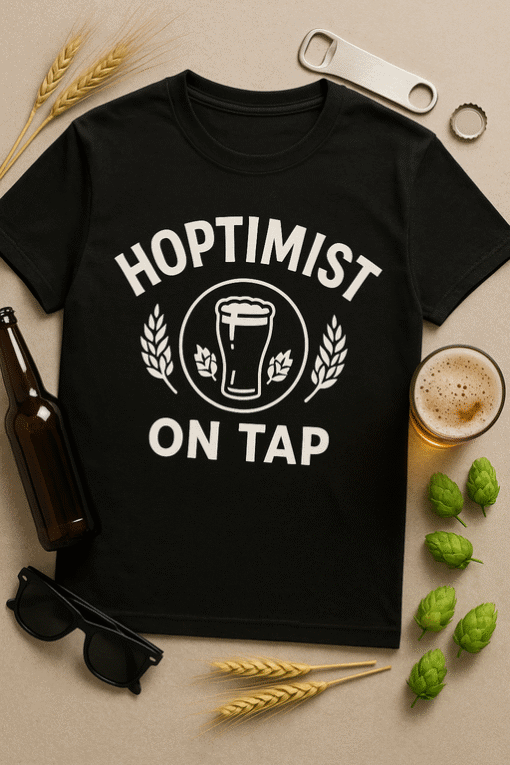 Hoptimist on tap t-shirt, beer lover graphic, fun party shirt, casual beverage humor tee.