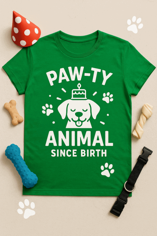 Cute dog birthday t-shirt for animal lovers, paw print design, perfect gift for dog enthusiasts.