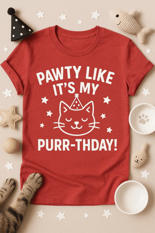 Cute cat-themed birthday T-shirt with funny "Pawty Like It's My Purr-THDAY" message, perfect for pet lovers and cat enthusiasts.