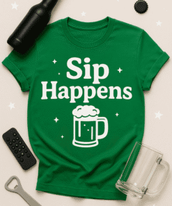 - Green T-shirt with "Sip Happens" beer mug graphic, perfect for casual and brewery wear.