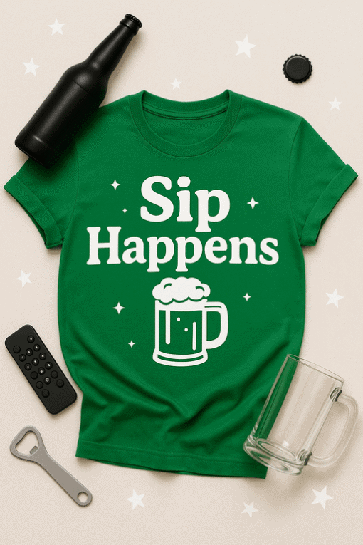 - Green T-shirt with "Sip Happens" beer mug graphic, perfect for casual and brewery wear.