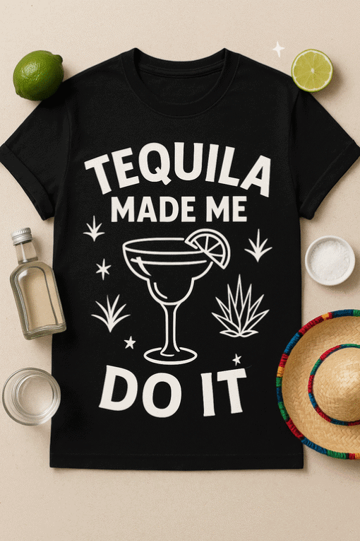 Tequila themed T-shirt with margarita graphic, perfect for summer parties or casual wear.