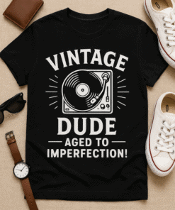 Vintage dude t-shirt with humorous record player graphic, perfect for retro music lovers.