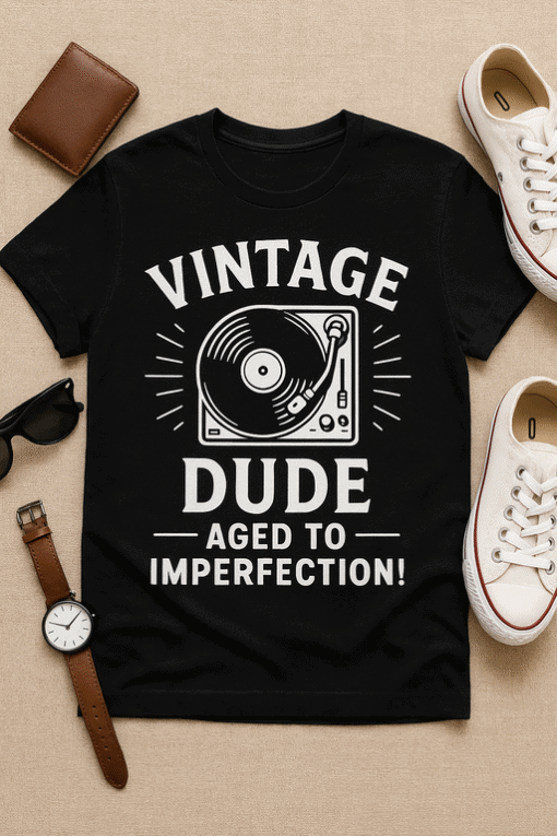 Vintage dude t-shirt with humorous record player graphic, perfect for retro music lovers.