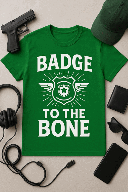 Badge to the Bone general slogan T-shirt for police or law enforcement enthusiasts.