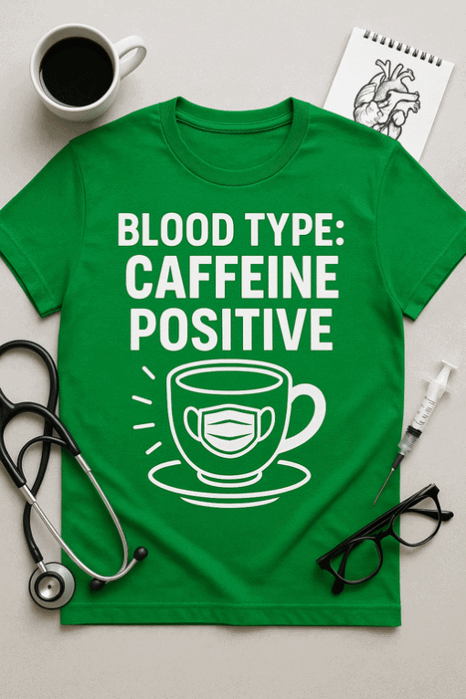 Coffee-loving blood type Caffeine Positive t-shirt for fans of unique humor and medical-themed apparel.