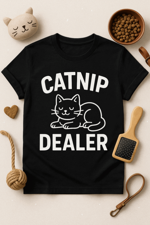 Catnip dealer funny cat t-shirt for pet lovers and animal humor enthusiasts.