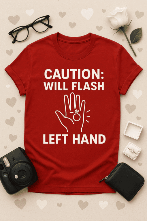 Caution: Will Flash Left Hand T-shirt, humorous graphic tee for men and women.