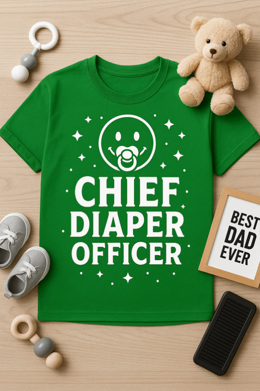 Cute baby-themed T-shirt, Chief Diaper Officer, perfect for new dads and parents, funny baby gift idea, baby shower shirt, toddler clothing.