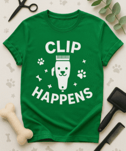 Dog grooming T-shirt with playful design and fun text "Clip Happens" for pet lovers and dog owners. Perfect gift for dog grooming enthusiasts.