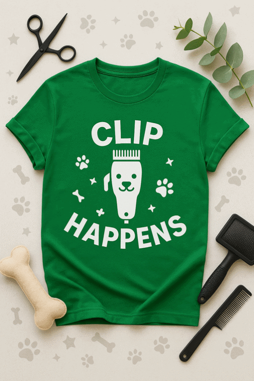 Dog grooming T-shirt with playful design and fun text "Clip Happens" for pet lovers and dog owners. Perfect gift for dog grooming enthusiasts.