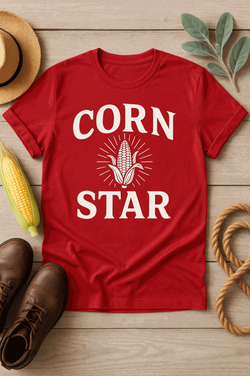 Corn Star funny corn graphic T-shirt for summer casual wear and food-themed apparel.