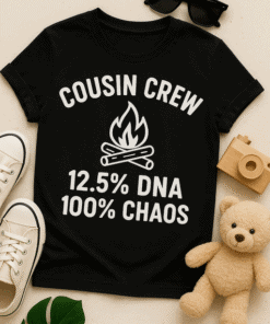 1. Black T-shirt with "Cousin Crew" graphic, DNA, chaos design, casual streetwear.
