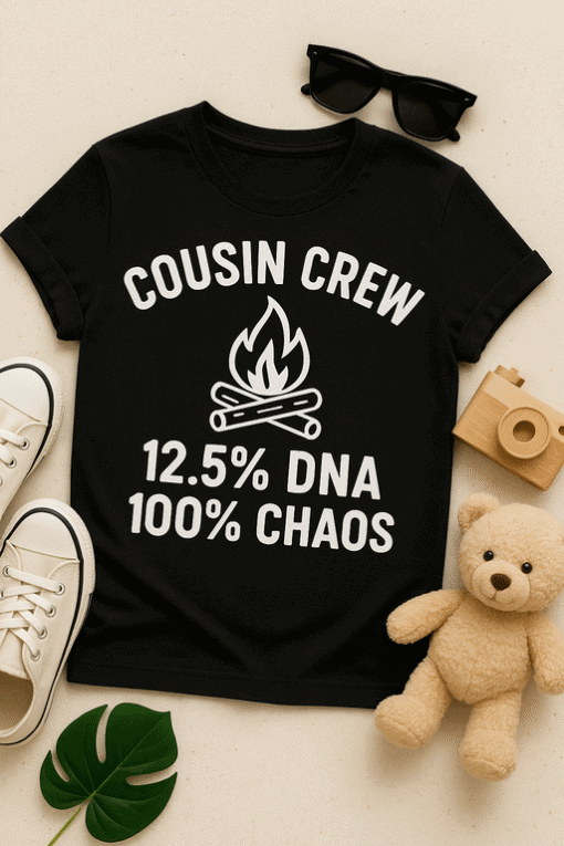 1. Black T-shirt with "Cousin Crew" graphic, DNA, chaos design, casual streetwear.