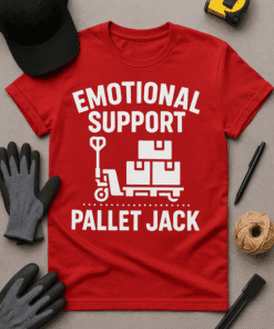 Soft red T-shirt with "Emotional Support Pallet Jack" graphic, perfect for warehouse workers and logistics enthusiasts.