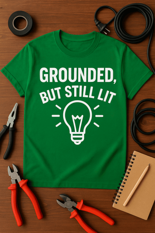 Bright green graphic t-shirt with "Grounded, but still lit" slogan and lightbulb design for clever, eco-conscious fashion.