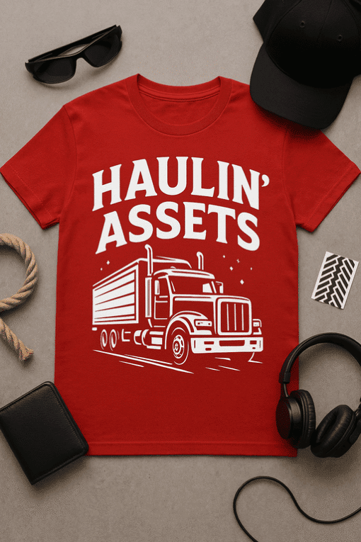 Haulin' Assets slogan t-shirt with truck graphic, casual crew neck tee for trucking and transportation fans.