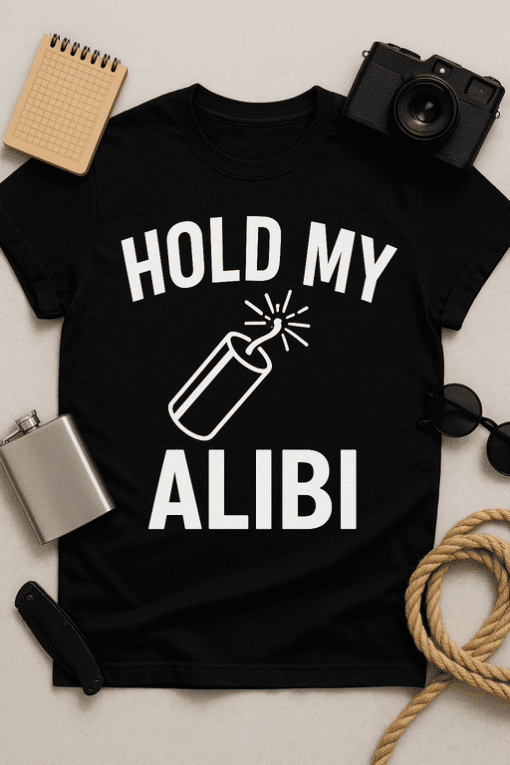 Bottle opener graphic on black T-shirt with humorous slogan for men's casual wear.