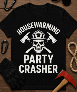 Skull firefighter T-shirt with humorous "Housewarming Party Crasher" design, perfect for party fans.