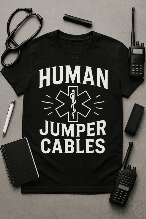 Wireless medical ID T-shirt with "Human Jumper Cables" design, perfect for healthcare professionals.