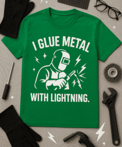 Welding t-shirt with humorous "I CURE METAL WITH LIGHTNING" slogan, perfect for DIY and tradesmen.