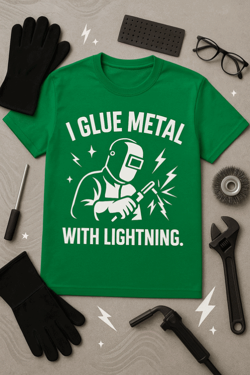 Welding t-shirt with humorous "I CURE METAL WITH LIGHTNING" slogan, perfect for DIY and tradesmen.