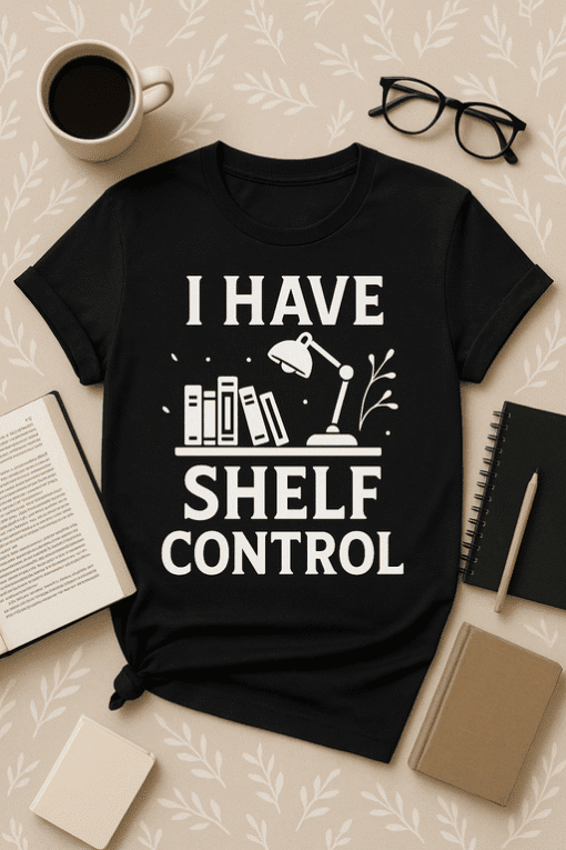 1. Funny bookshelf t-shirt with desk lamp and books, perfect for book lovers and library enthusiasts.