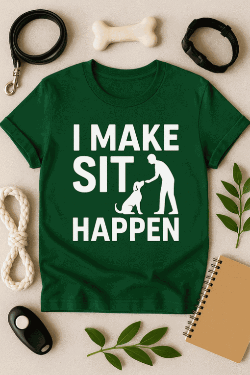 Dog collar, bone, and leash with a green "I MAKE SIT HAPPEN" dog training T-shirt on a beige surface.